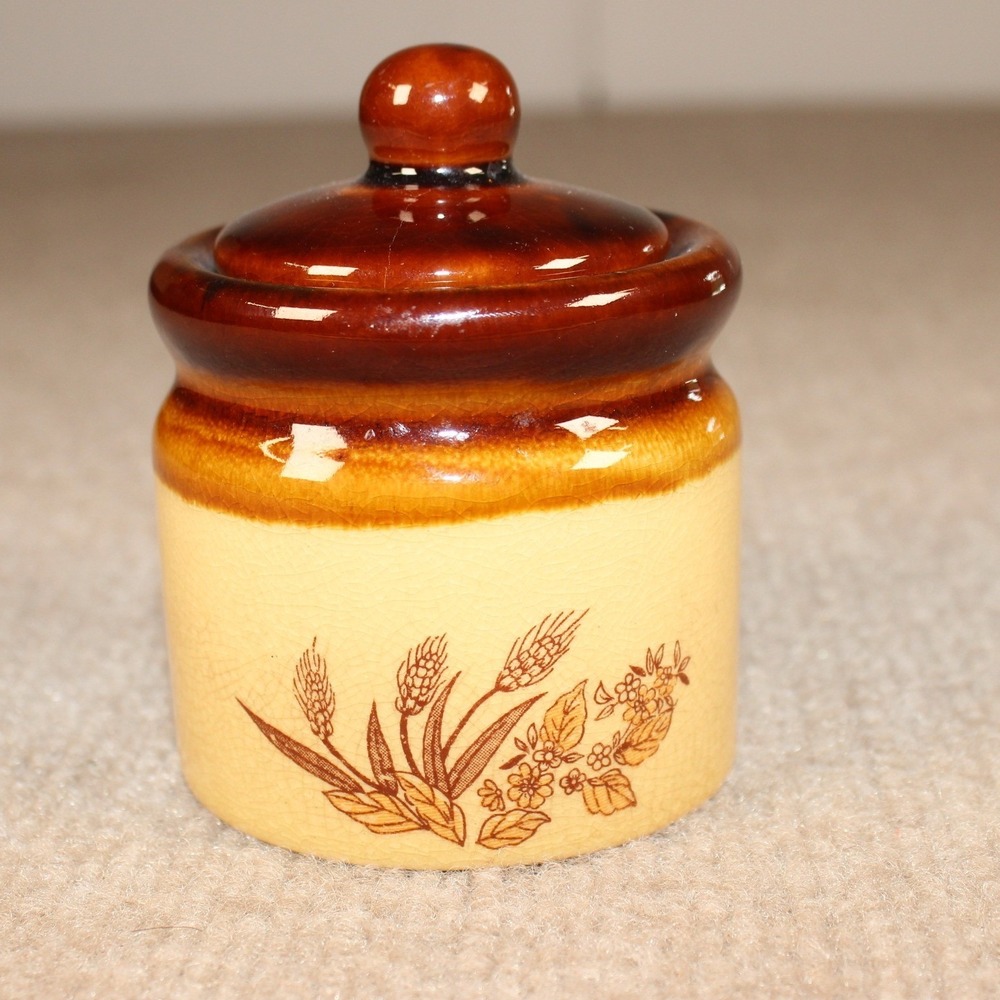 Vintage Stoneware Mini Crock with Lid Wheat Floral Two Tone Brown Tan Taiwan